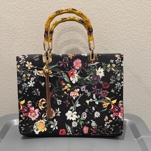 Floral Black Handbag with Bamboo Handles